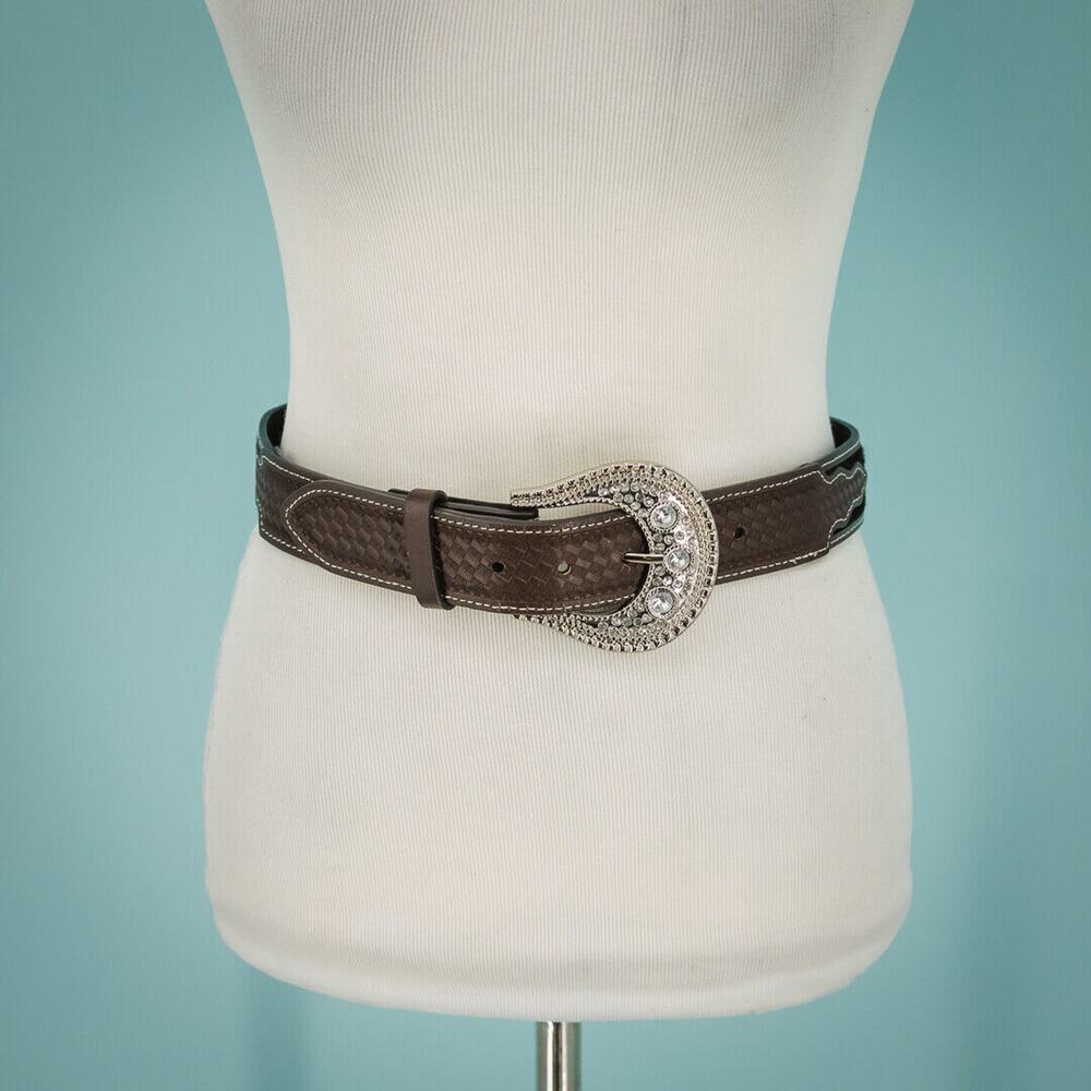 Small S Brown Leather Calf Hair Large Silver Buckle Rhinestone Western Belt